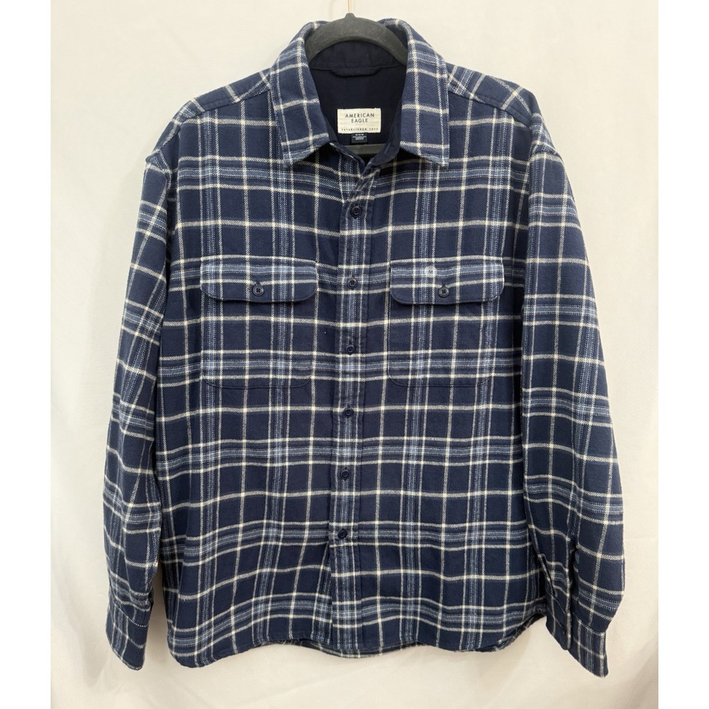 NWT American Eagle Flannel Shirt Mens Size‎ M Blue Plaid 100% Cotton Heavyweight